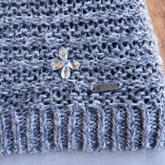 Hollister Grey Sparkle Knit Sweater Medium repaired bejeweled silver lightweight - Picture 6 of 16